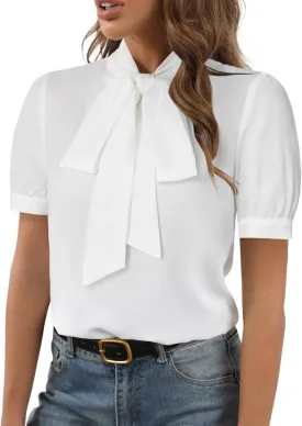 Rooscier Women's Bow Tie Neck Short Sleeve Elegant Office Workwear Blouse Shirt Tops