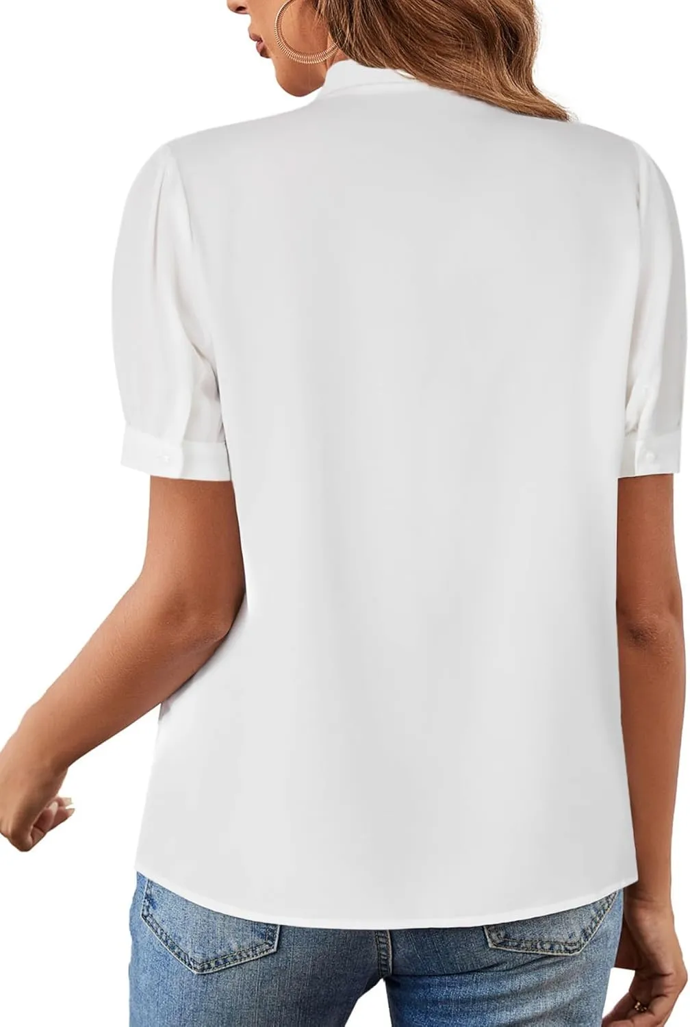 Rooscier Women's Bow Tie Neck Short Sleeve Elegant Office Workwear Blouse Shirt Tops