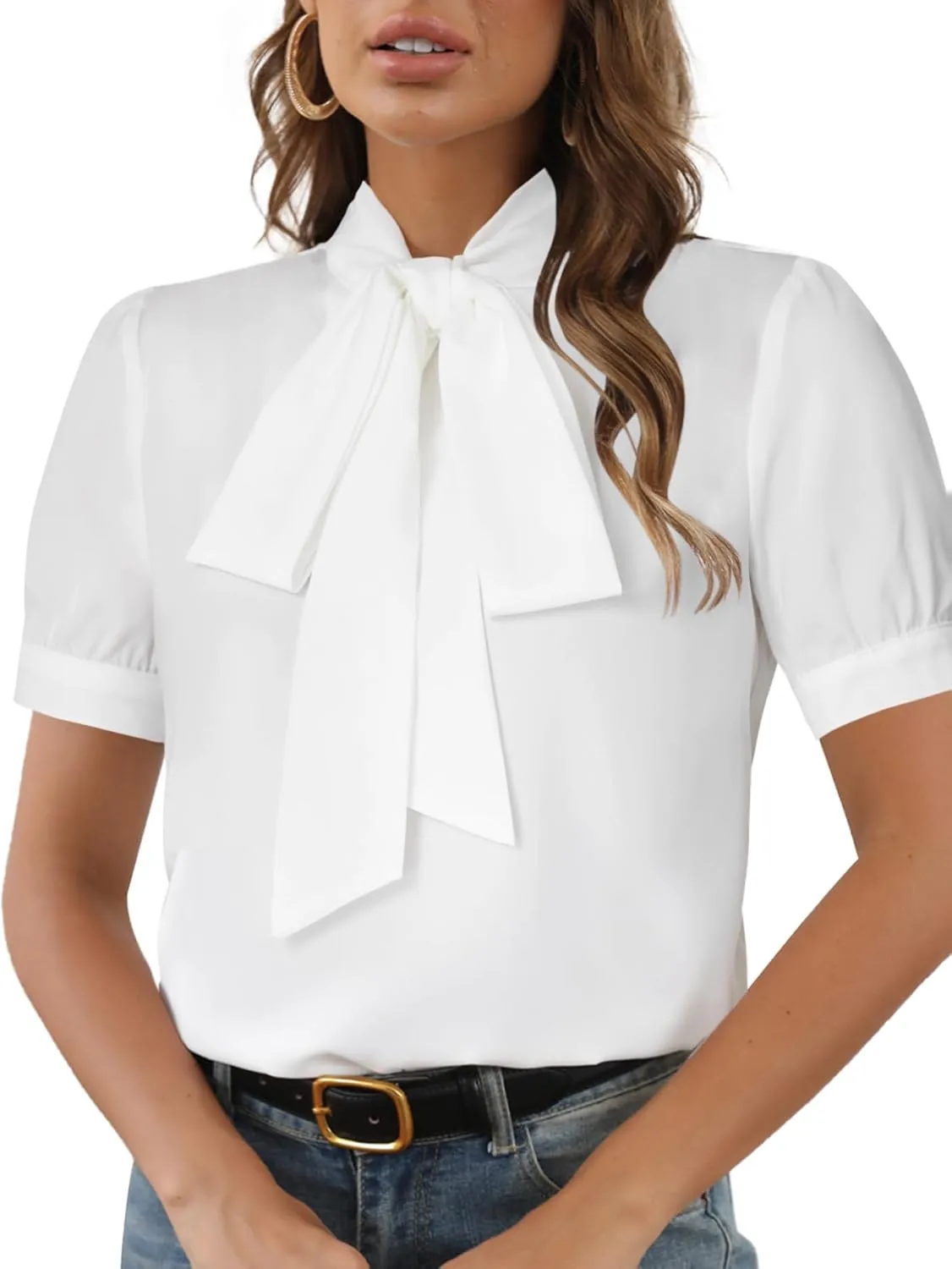 Rooscier Women's Bow Tie Neck Short Sleeve Elegant Office Workwear Blouse Shirt Tops