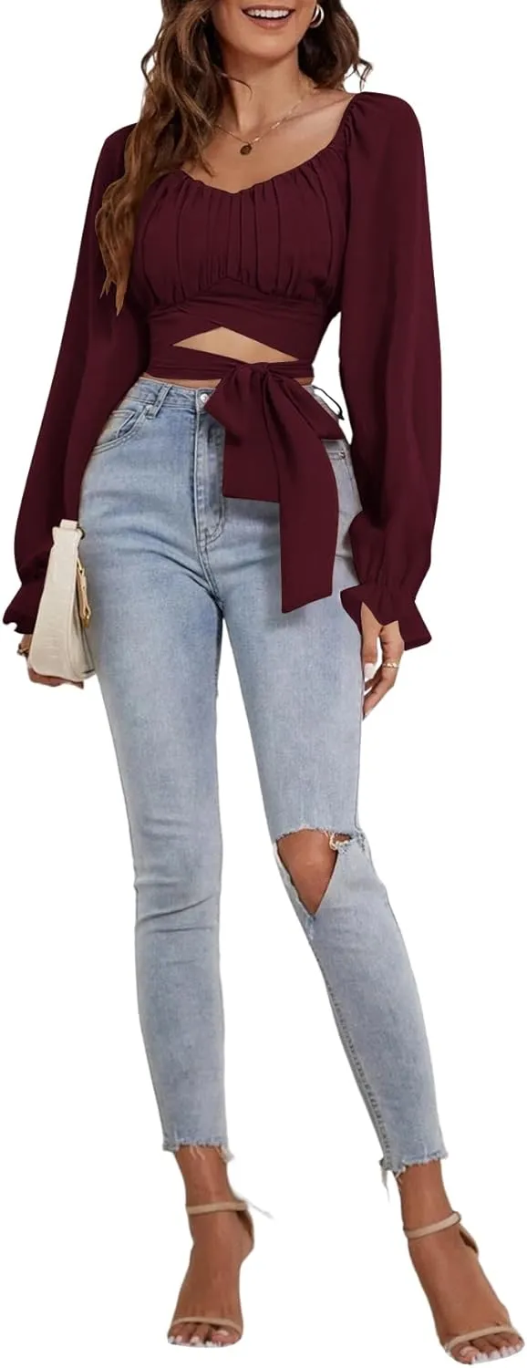 Rooscier Women's Ruched Wrap Square Neck Flounce Long Sleeve Self Tie Crop Top Blouse