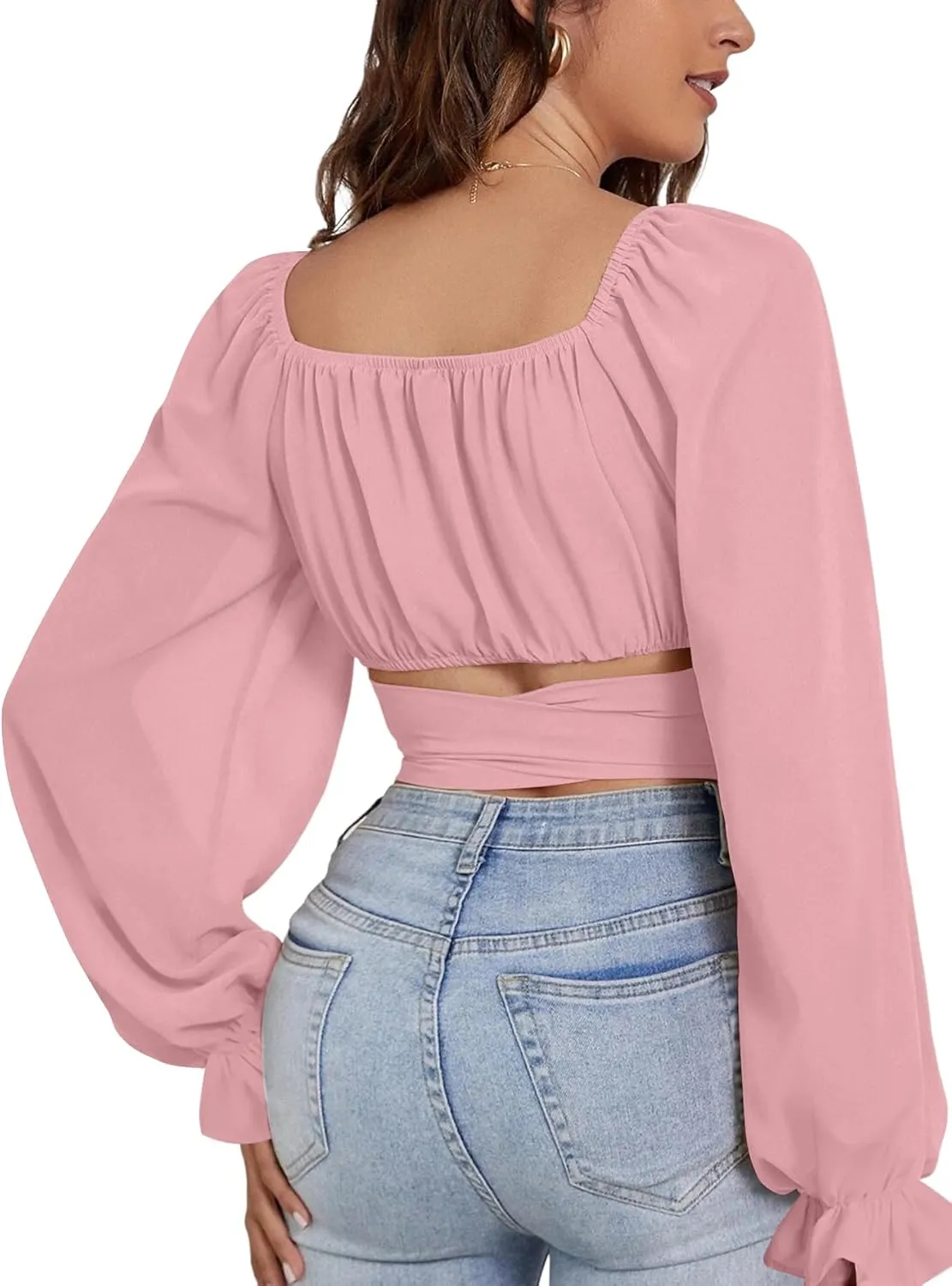 Rooscier Women's Ruched Wrap Square Neck Flounce Long Sleeve Self Tie Crop Top Blouse