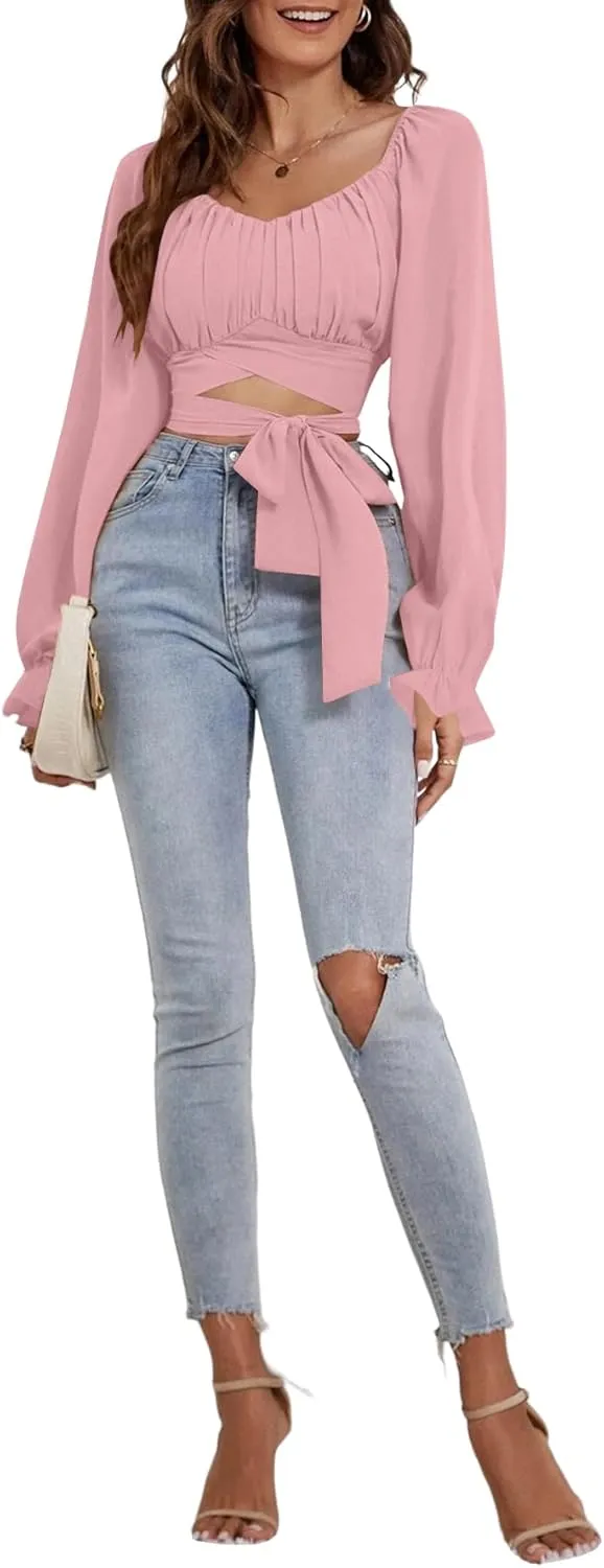 Rooscier Women's Ruched Wrap Square Neck Flounce Long Sleeve Self Tie Crop Top Blouse