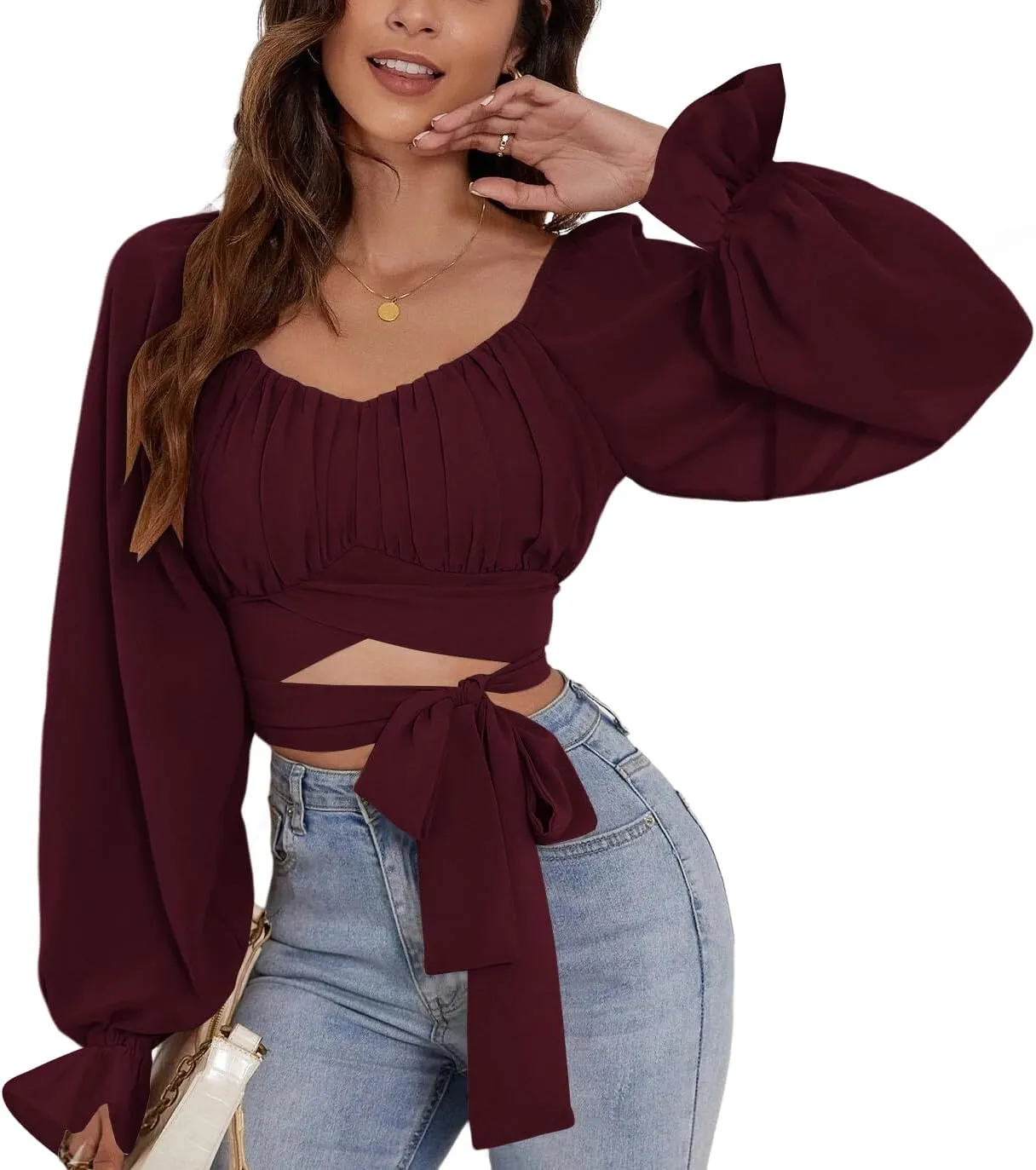 Rooscier Women's Ruched Wrap Square Neck Flounce Long Sleeve Self Tie Crop Top Blouse
