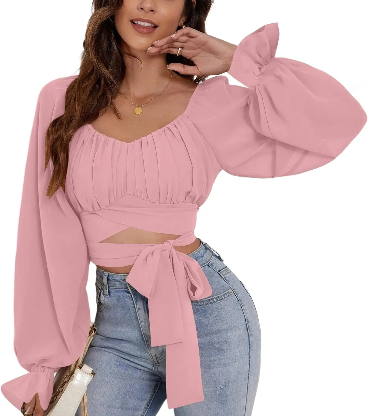 Rooscier Women's Ruched Wrap Square Neck Flounce Long Sleeve Self Tie Crop Top Blouse