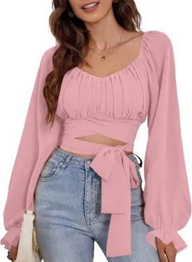 Rooscier Women's Ruched Wrap Square Neck Flounce Long Sleeve Self Tie Crop Top Blouse