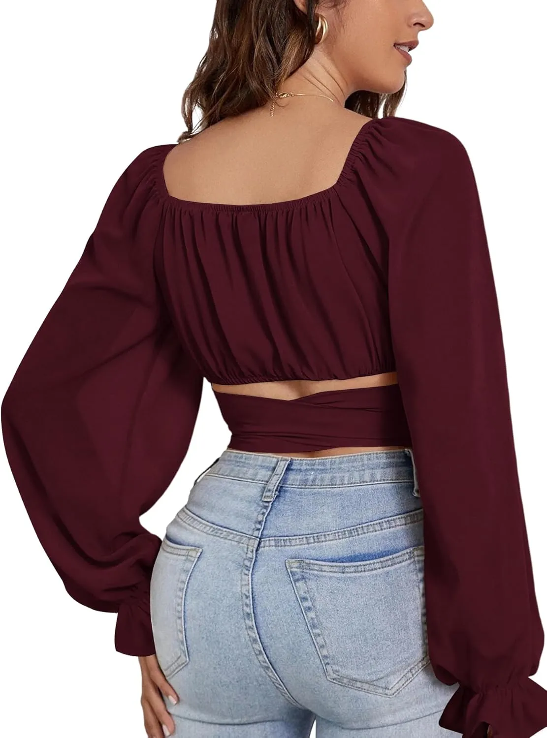 Rooscier Women's Ruched Wrap Square Neck Flounce Long Sleeve Self Tie Crop Top Blouse