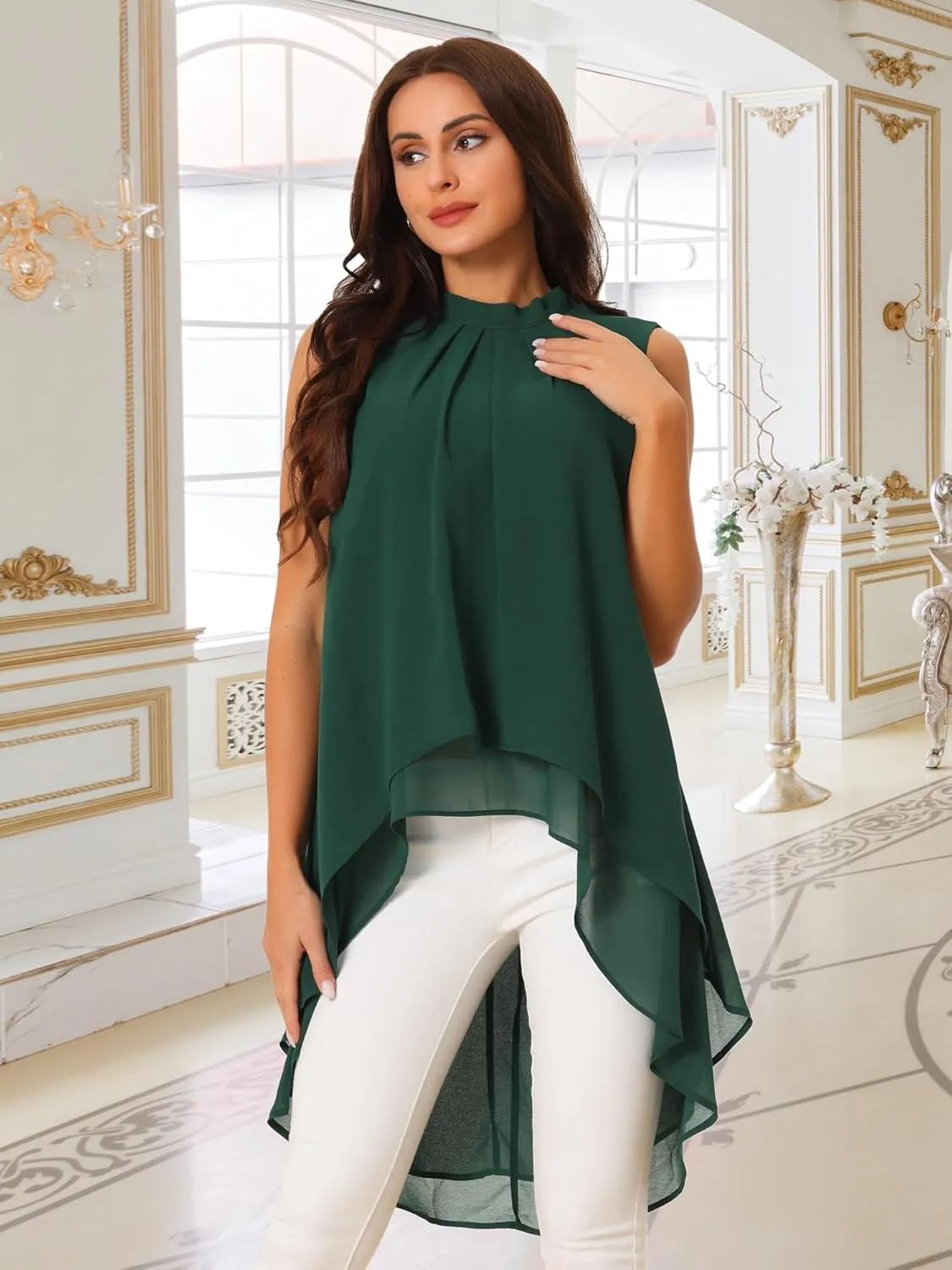 Seta T Women's High Low Tops Mock Neck Chiffon Blouse Tie Back Asymmetrical Sleeveless Shirt Casual Summer Top