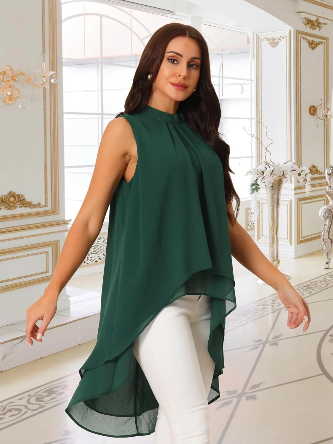 Seta T Women's High Low Tops Mock Neck Chiffon Blouse Tie Back Asymmetrical Sleeveless Shirt Casual Summer Top