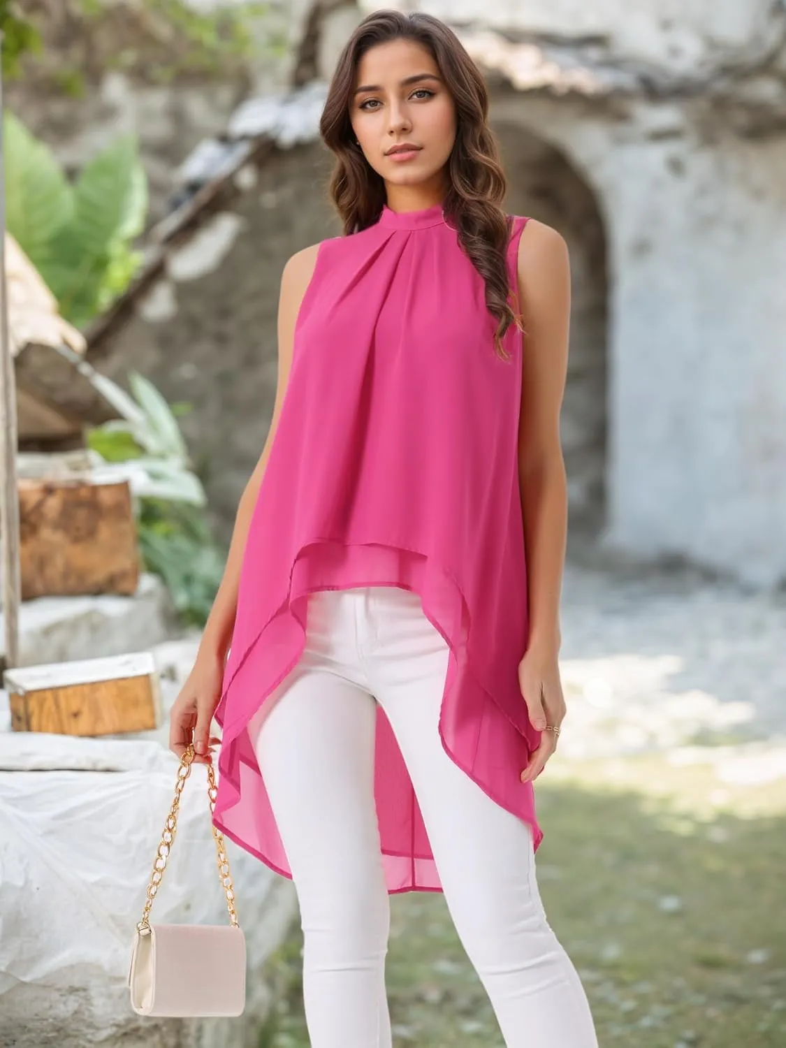 Seta T Women's High Low Tops Mock Neck Chiffon Blouse Tie Back Asymmetrical Sleeveless Shirt Casual Summer Top