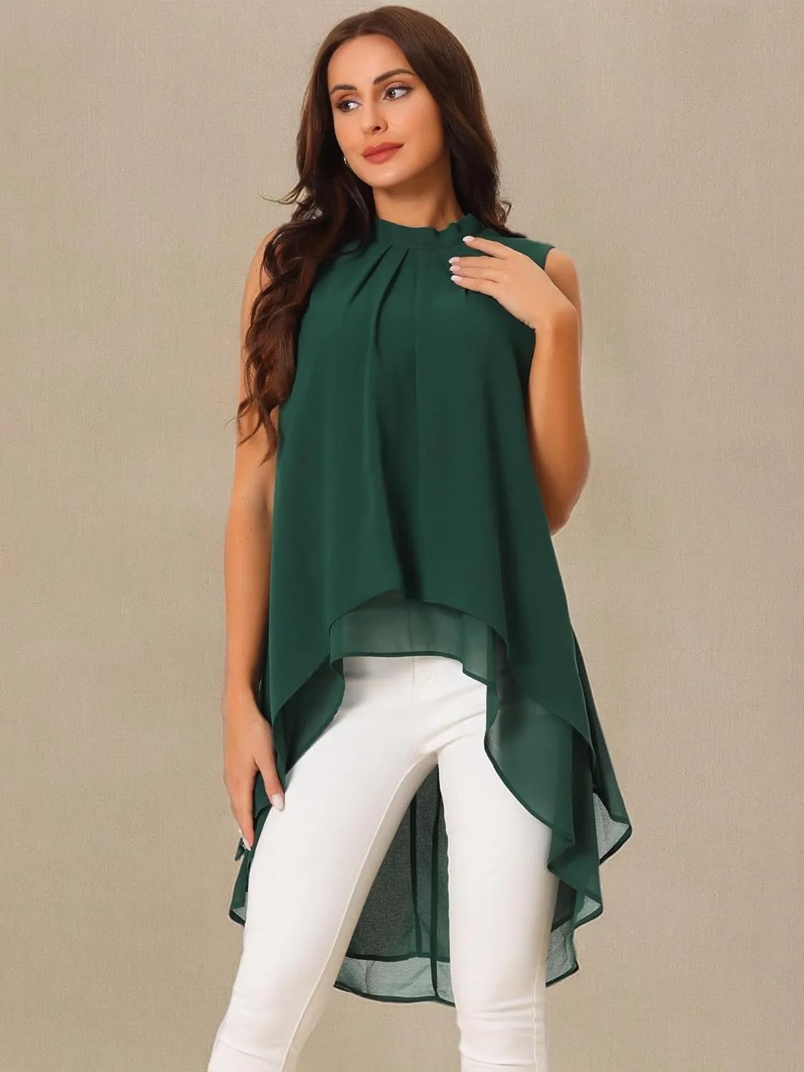 Seta T Women's High Low Tops Mock Neck Chiffon Blouse Tie Back Asymmetrical Sleeveless Shirt Casual Summer Top