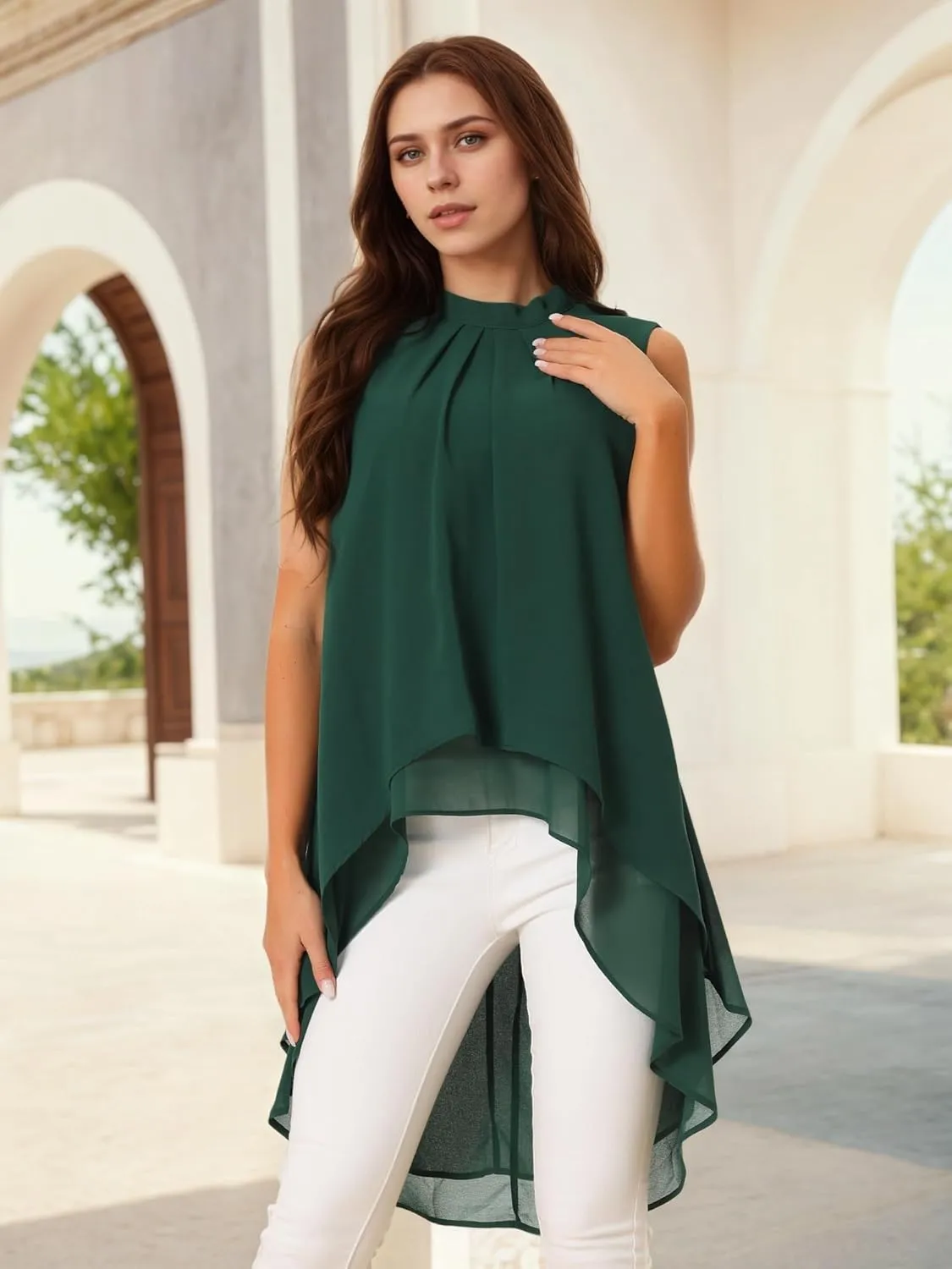 Seta T Women's High Low Tops Mock Neck Chiffon Blouse Tie Back Asymmetrical Sleeveless Shirt Casual Summer Top