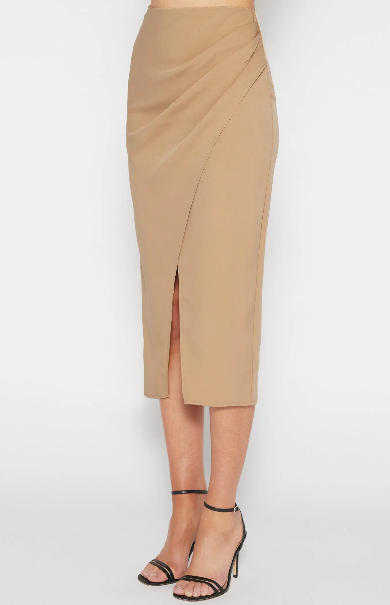 Stretch Fabric Side Pleated Midi Skirt