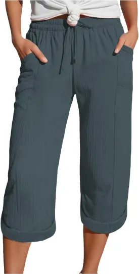 Summer Capris for Women Cotton Linen Pants Casual Loose Comfy Trendy Beach Clothes Elastic Waist Cropped Trousers