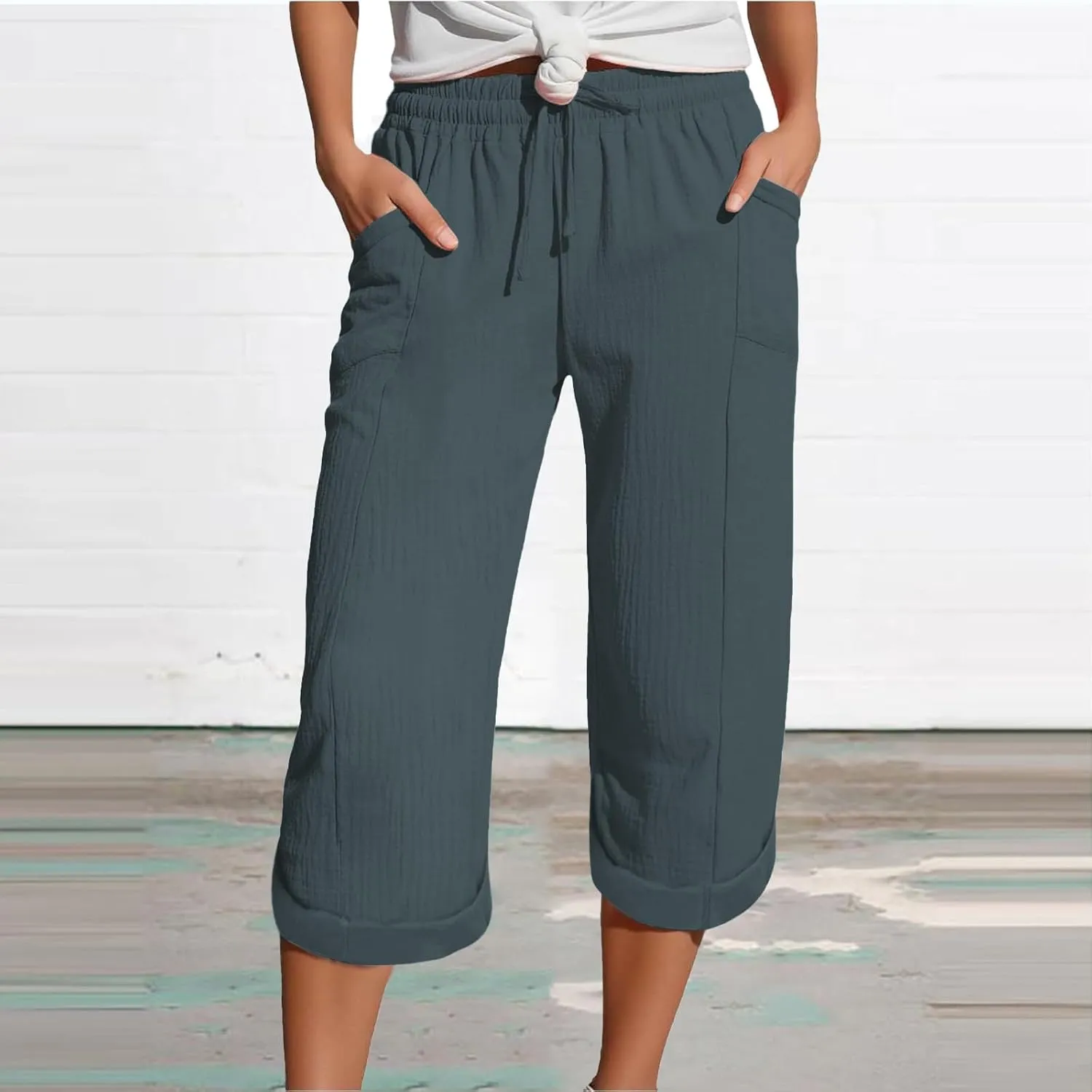 Summer Capris for Women Cotton Linen Pants Casual Loose Comfy Trendy Beach Clothes Elastic Waist Cropped Trousers