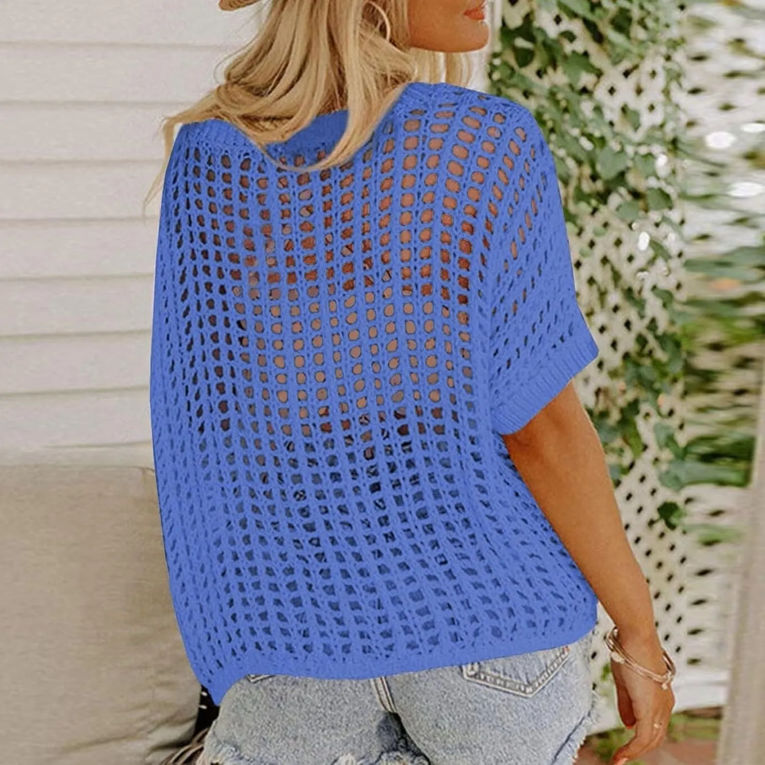 Summer Crochet Tops for Women Loose Off The Shoulder Shirts Hollow Out Knit Short Sleeve Sweater Top Beach Coverup