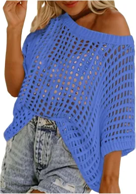 Summer Crochet Tops for Women Loose Off The Shoulder Shirts Hollow Out Knit Short Sleeve Sweater Top Beach Coverup