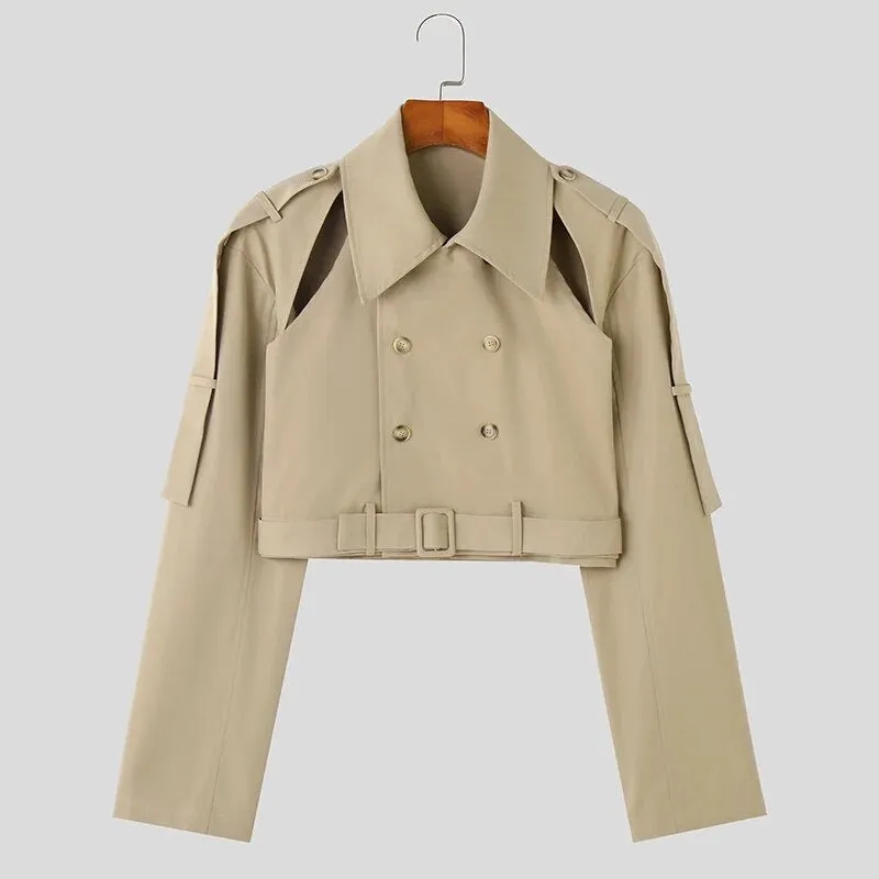 Trench Solid Hollow Out Lapel Long Sleeve Double Breasted Crop Lace Up Windbreaker