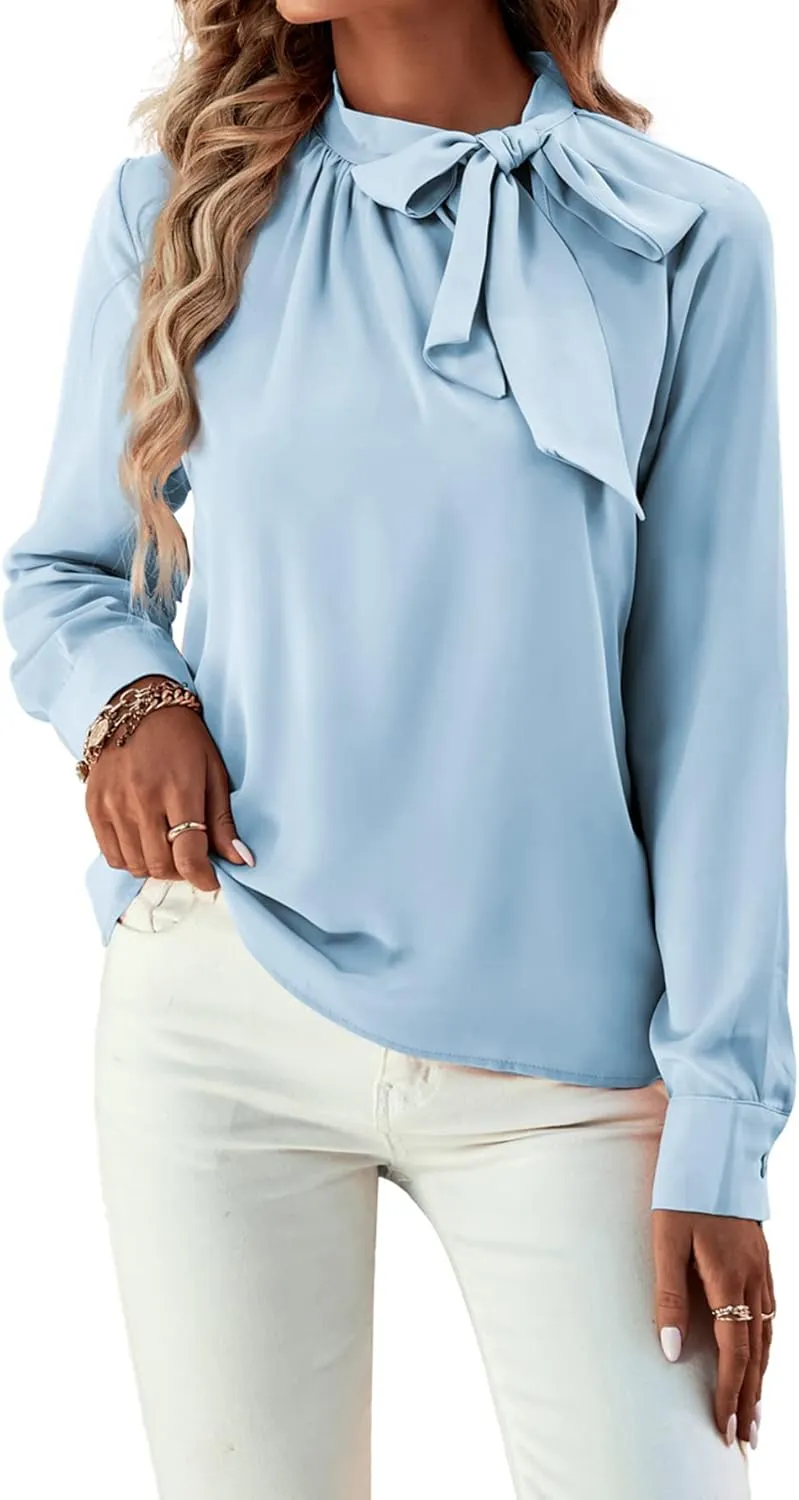 Umenlele Women's Elegant Tie Knot Mock Neck Ruched Long Sleeve Blouse Shirt Top