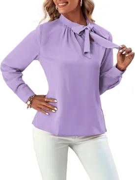 Umenlele Women's Elegant Tie Knot Mock Neck Ruched Long Sleeve Blouse Shirt Top