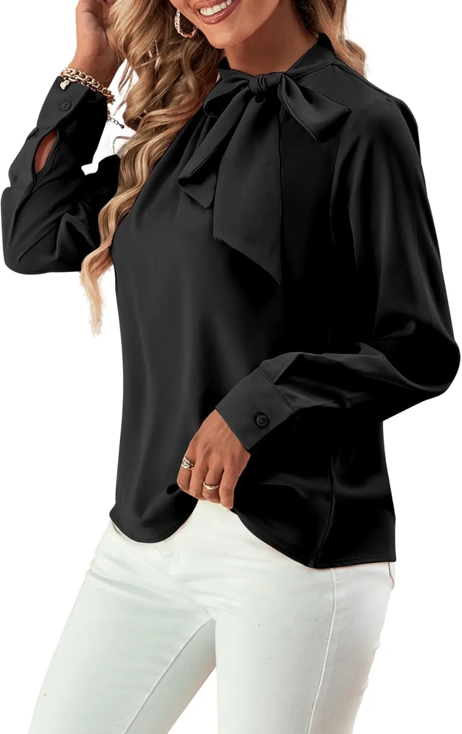 Umenlele Women's Elegant Tie Knot Mock Neck Ruched Long Sleeve Blouse Shirt Top