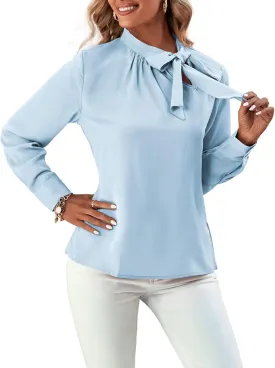 Umenlele Women's Elegant Tie Knot Mock Neck Ruched Long Sleeve Blouse Shirt Top