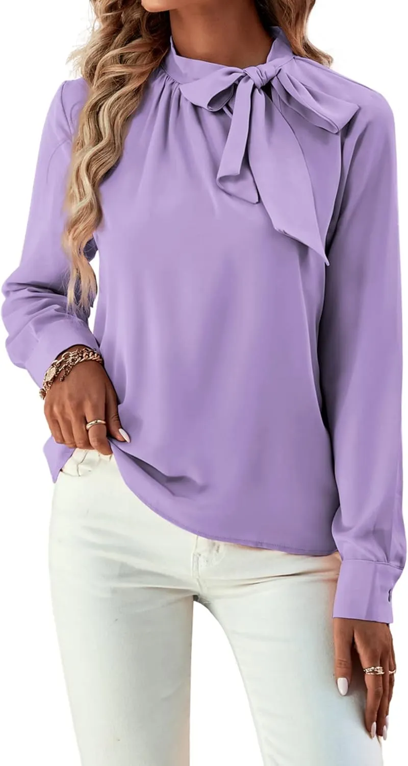 Umenlele Women's Elegant Tie Knot Mock Neck Ruched Long Sleeve Blouse Shirt Top