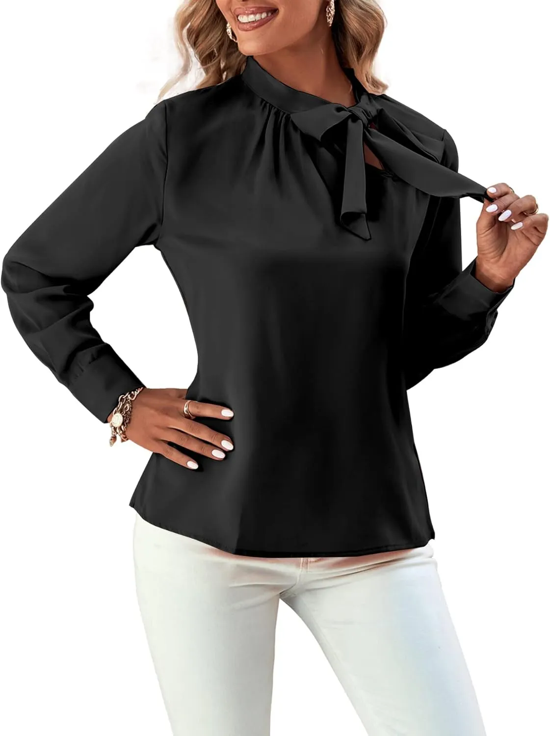 Umenlele Women's Elegant Tie Knot Mock Neck Ruched Long Sleeve Blouse Shirt Top