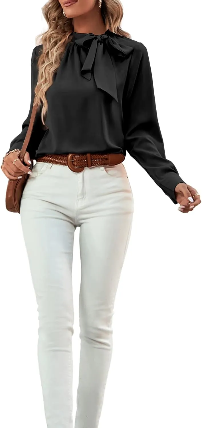 Umenlele Women's Elegant Tie Knot Mock Neck Ruched Long Sleeve Blouse Shirt Top