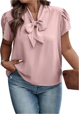 Verdusa Women's Plus Size Work Blouse Bow Tie Neck Petal Sleeve Blouse Office Work Shirt Top
