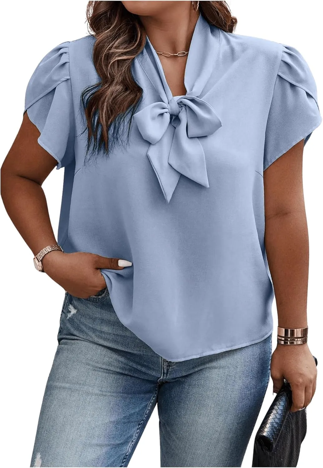 Verdusa Women's Plus Size Work Blouse Bow Tie Neck Petal Sleeve Blouse Office Work Shirt Top