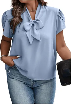 Verdusa Women's Plus Size Work Blouse Bow Tie Neck Petal Sleeve Blouse Office Work Shirt Top