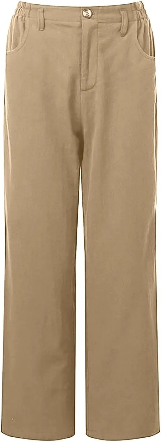 Women Linen Pants Summer Casual Capri Pants with Pockets Elastic Waist Wide Leg Cropped Pants Boho Beach Palazzo Pants