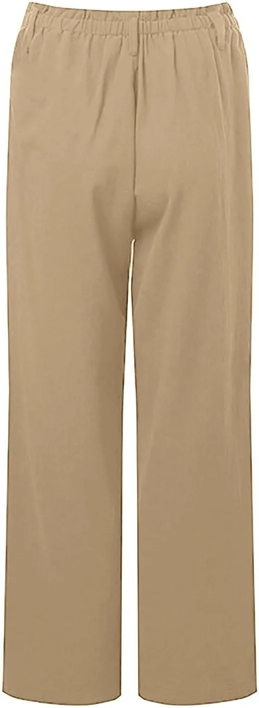 Women Linen Pants Summer Casual Capri Pants with Pockets Elastic Waist Wide Leg Cropped Pants Boho Beach Palazzo Pants