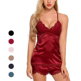 Women Sleepwear Satin Pajamas Set Lace Camisole Shorts Nightwear lingerie dress