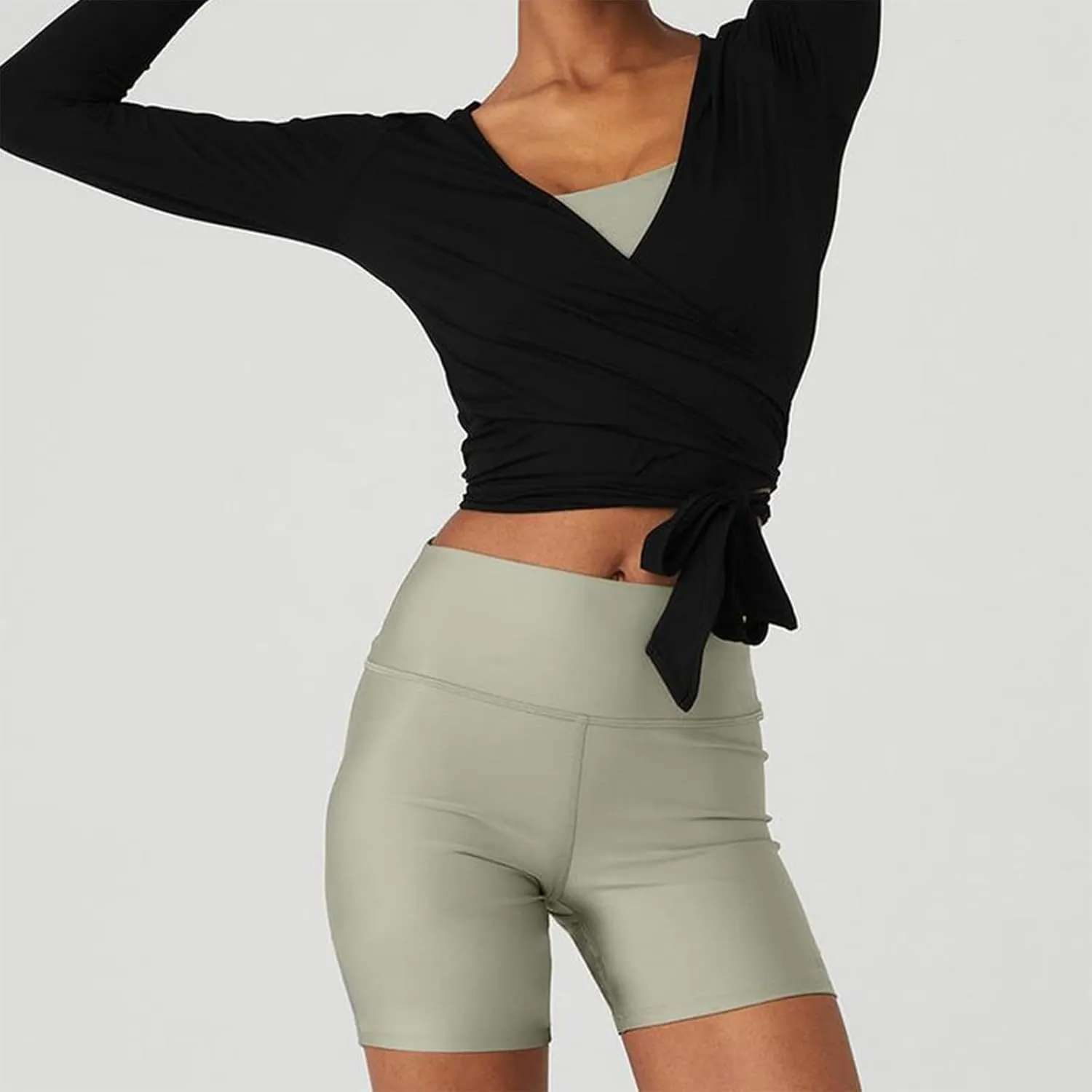 Women Wrap Yoga Shirts Long Sleeve Deep V Neck Tie Front Workout T Shirts Casual Slim Fit Sports Active Tops
