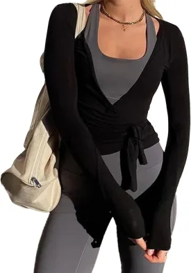 Women Wrap Yoga Shirts Long Sleeve Deep V Neck Tie Front Workout T Shirts Casual Slim Fit Sports Active Tops