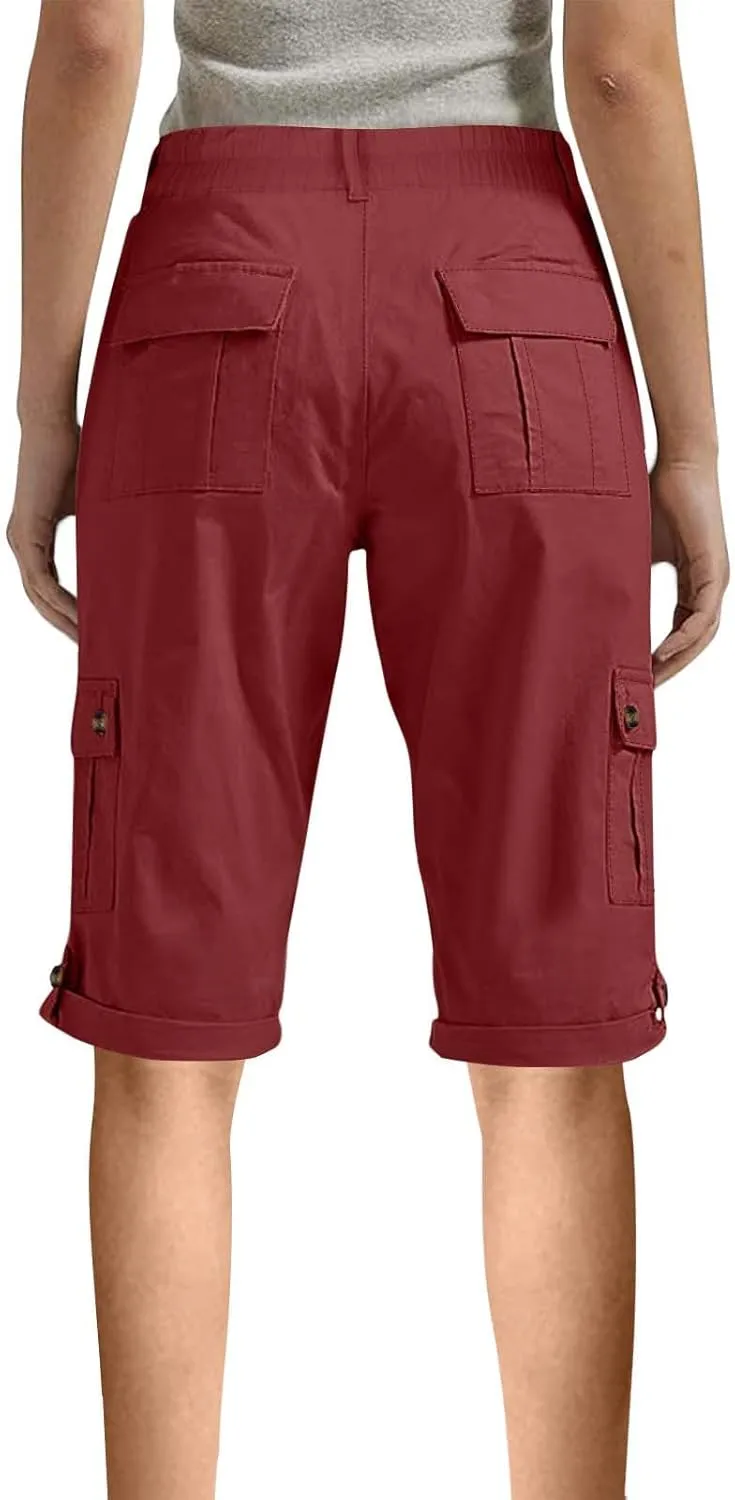 Womens Capris with Pockets Stretch Lightweight Casual Cargo Pants Rolled Summer Cropped Trousers Outdoor Clothes
