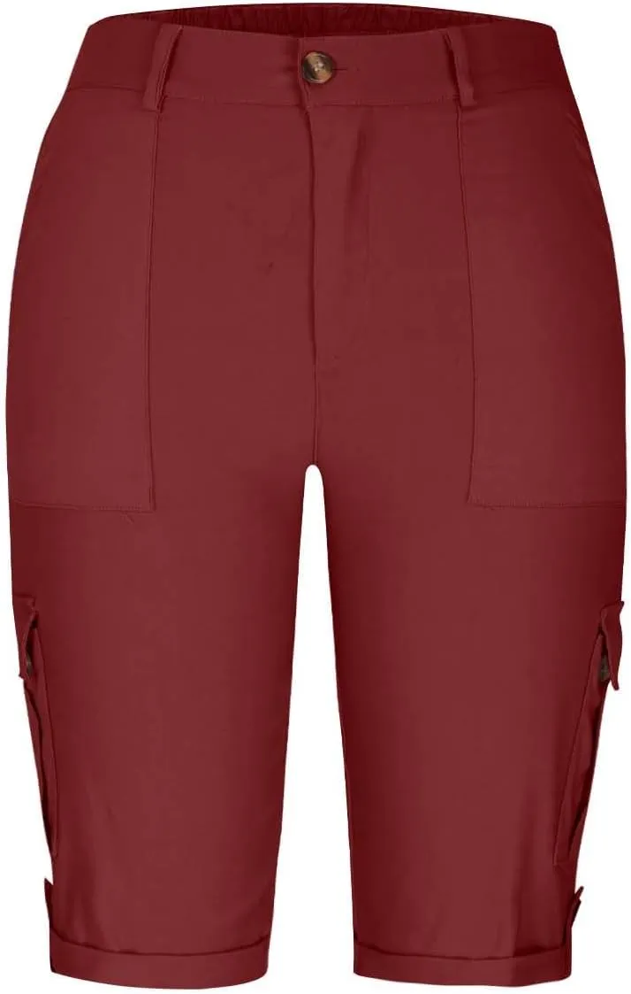 Womens Capris with Pockets Stretch Lightweight Casual Cargo Pants Rolled Summer Cropped Trousers Outdoor Clothes