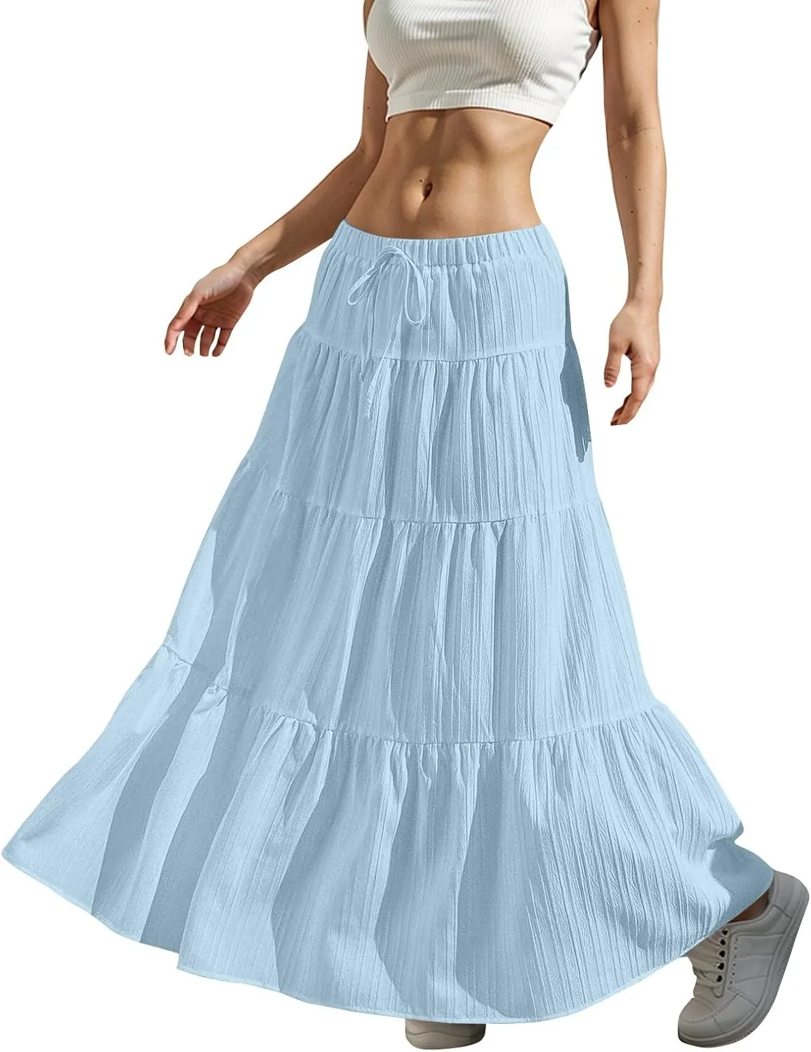 Women's Cotton Linen Skirts Flowy Flared Ruffle Hem A Line Maxi Skirts Elastic Waist Elegant Skirts, S-2XL