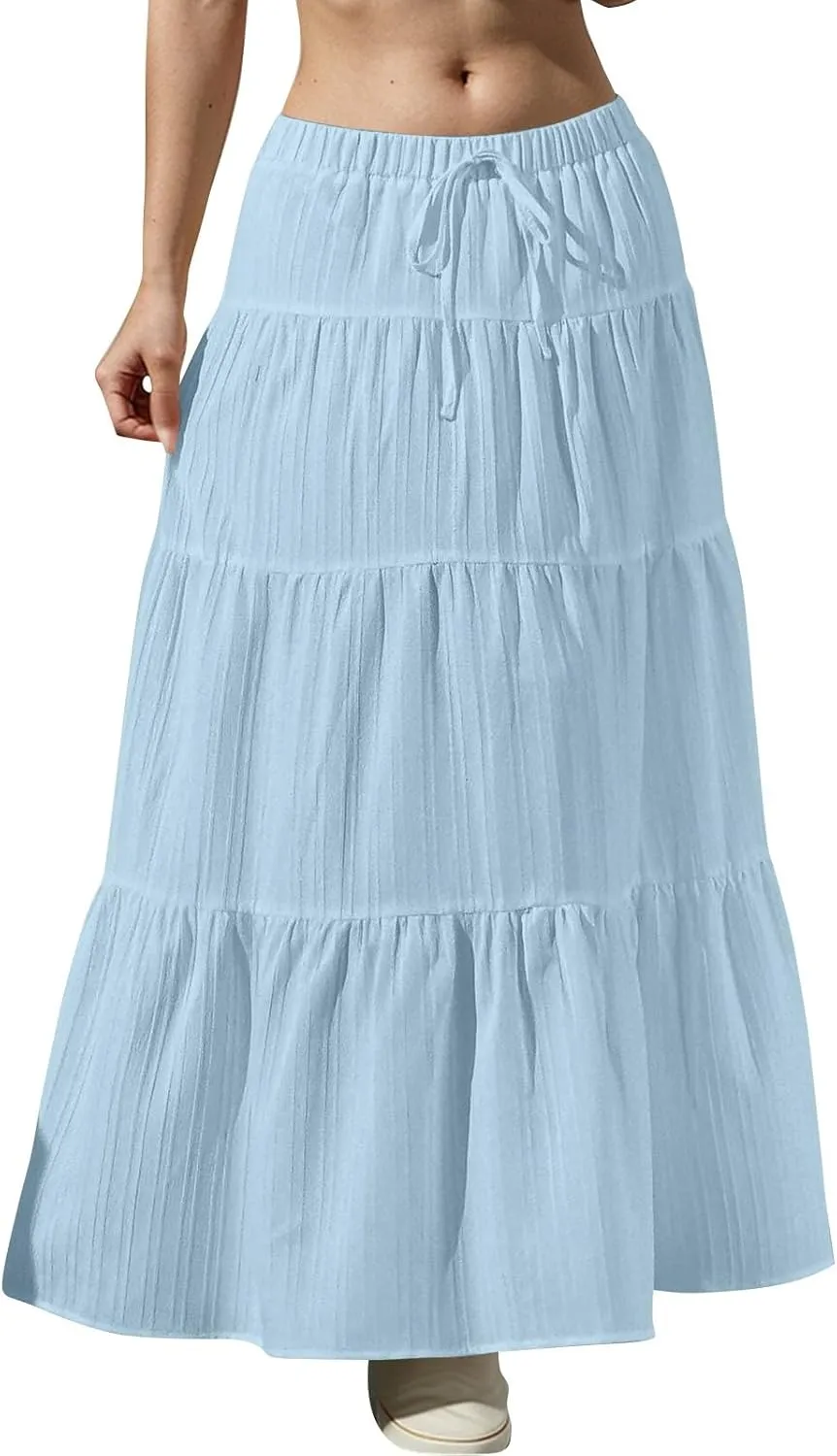 Women's Cotton Linen Skirts Flowy Flared Ruffle Hem A Line Maxi Skirts Elastic Waist Elegant Skirts, S-2XL