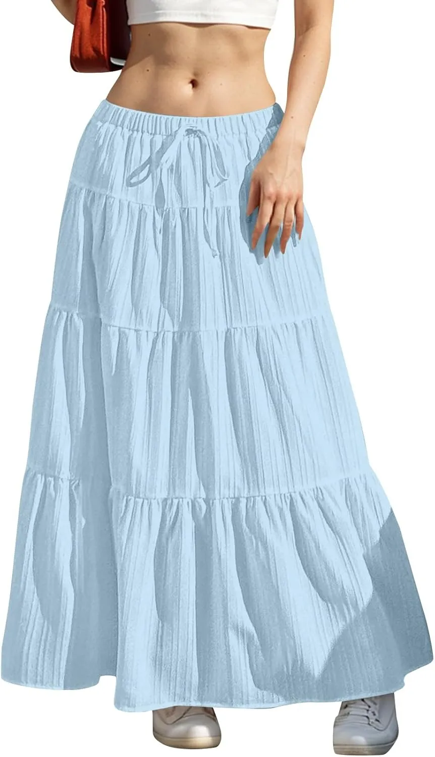 Women's Cotton Linen Skirts Flowy Flared Ruffle Hem A Line Maxi Skirts Elastic Waist Elegant Skirts, S-2XL