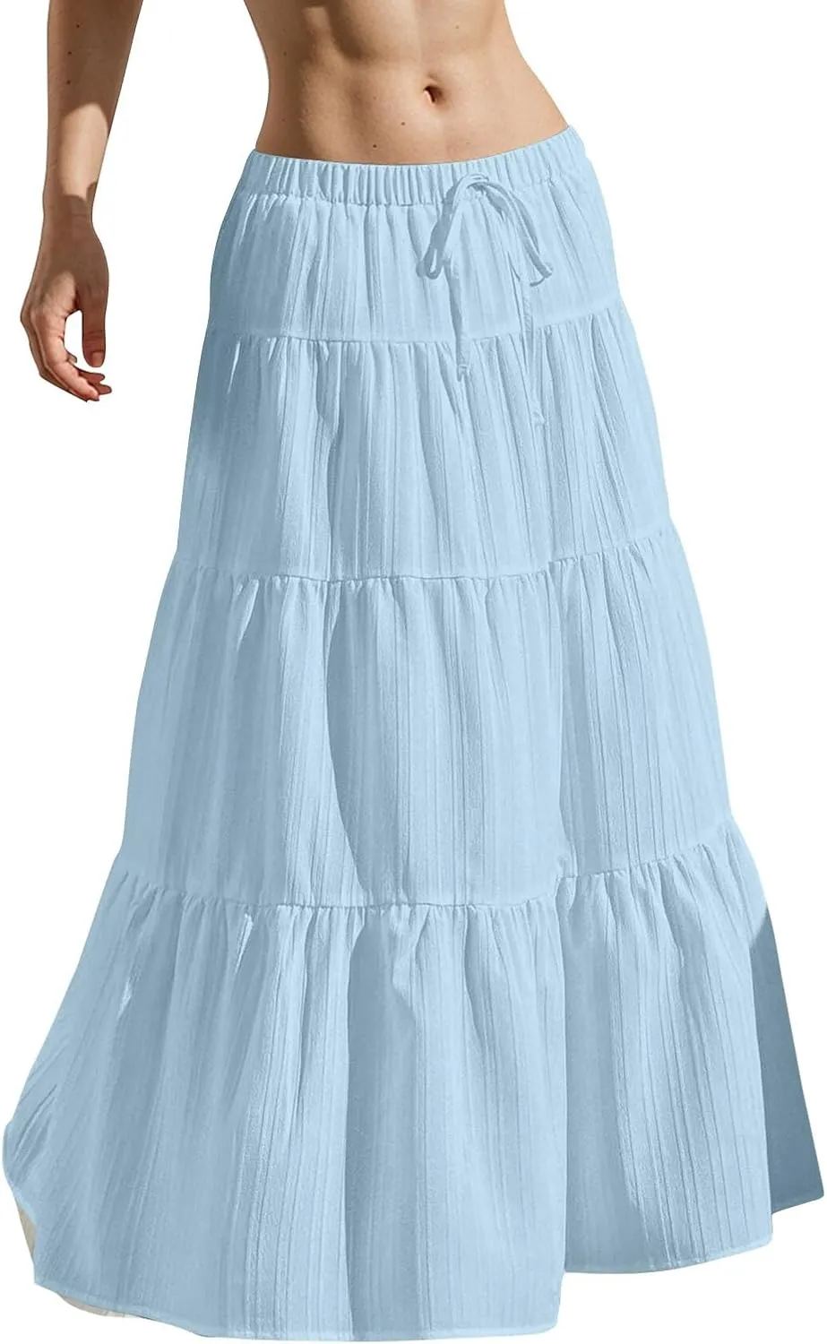Women's Cotton Linen Skirts Flowy Flared Ruffle Hem A Line Maxi Skirts Elastic Waist Elegant Skirts, S-2XL