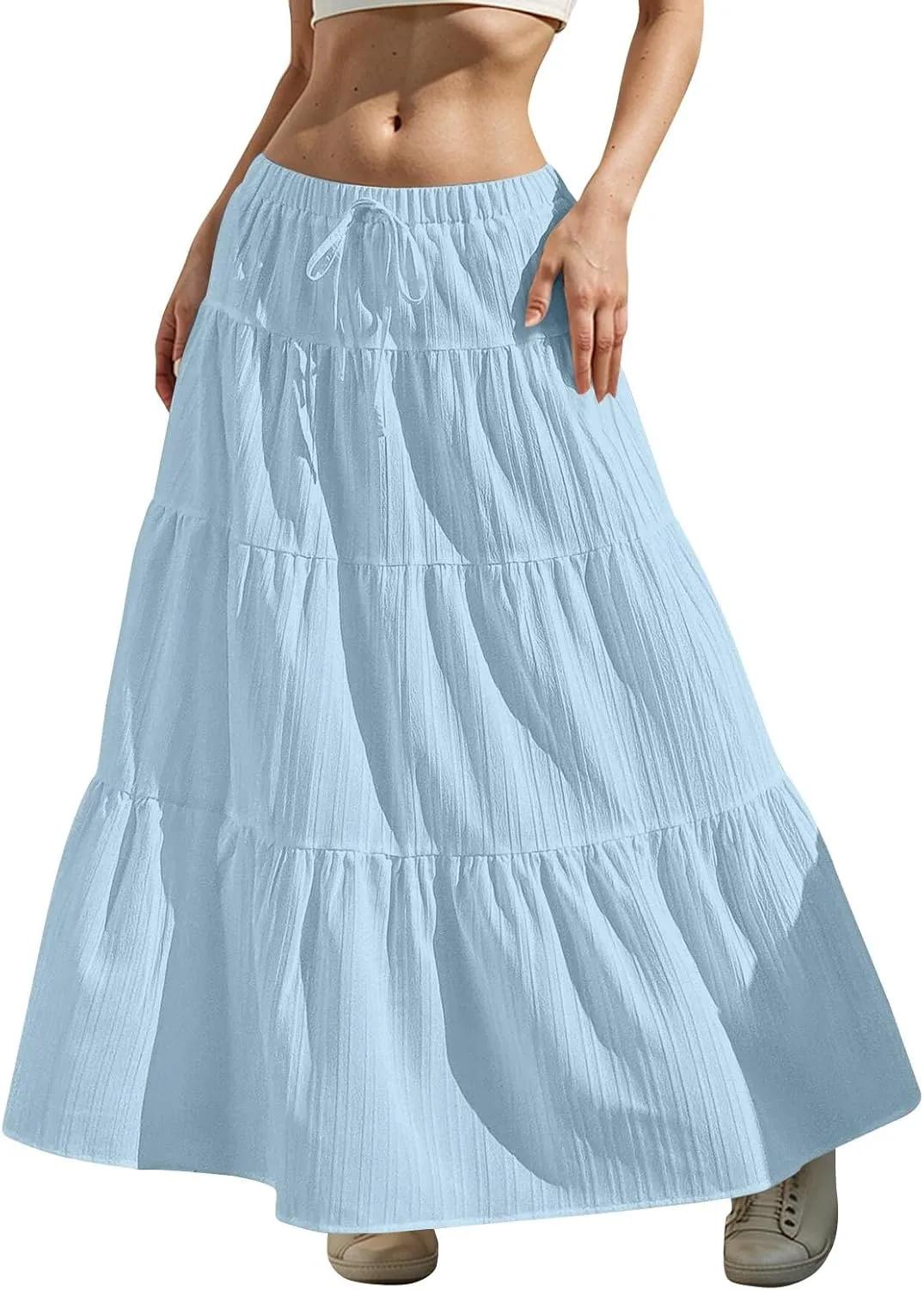 Women's Cotton Linen Skirts Flowy Flared Ruffle Hem A Line Maxi Skirts Elastic Waist Elegant Skirts, S-2XL