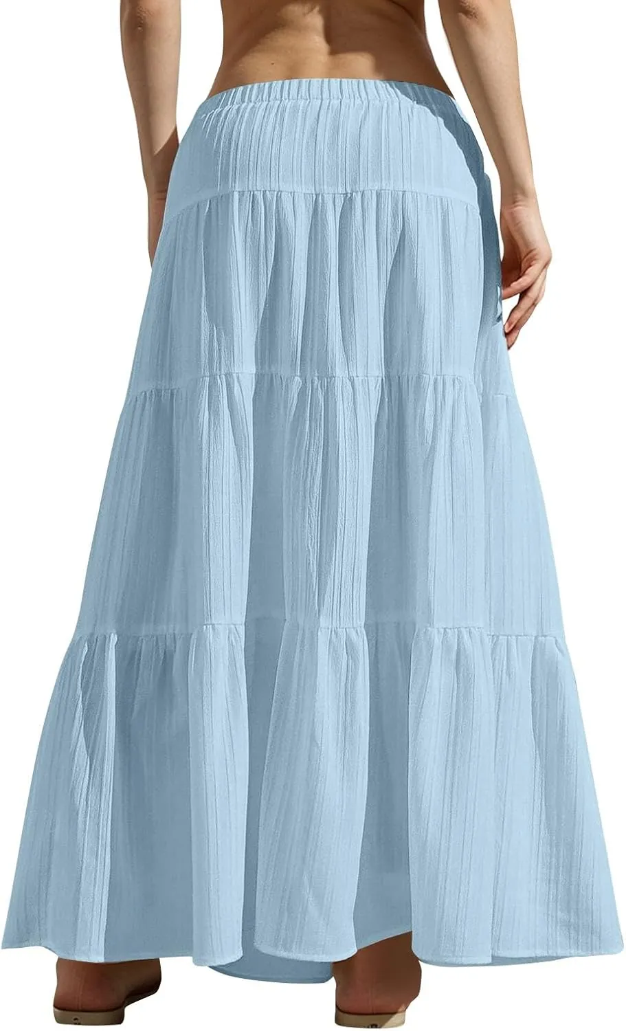 Women's Cotton Linen Skirts Flowy Flared Ruffle Hem A Line Maxi Skirts Elastic Waist Elegant Skirts, S-2XL
