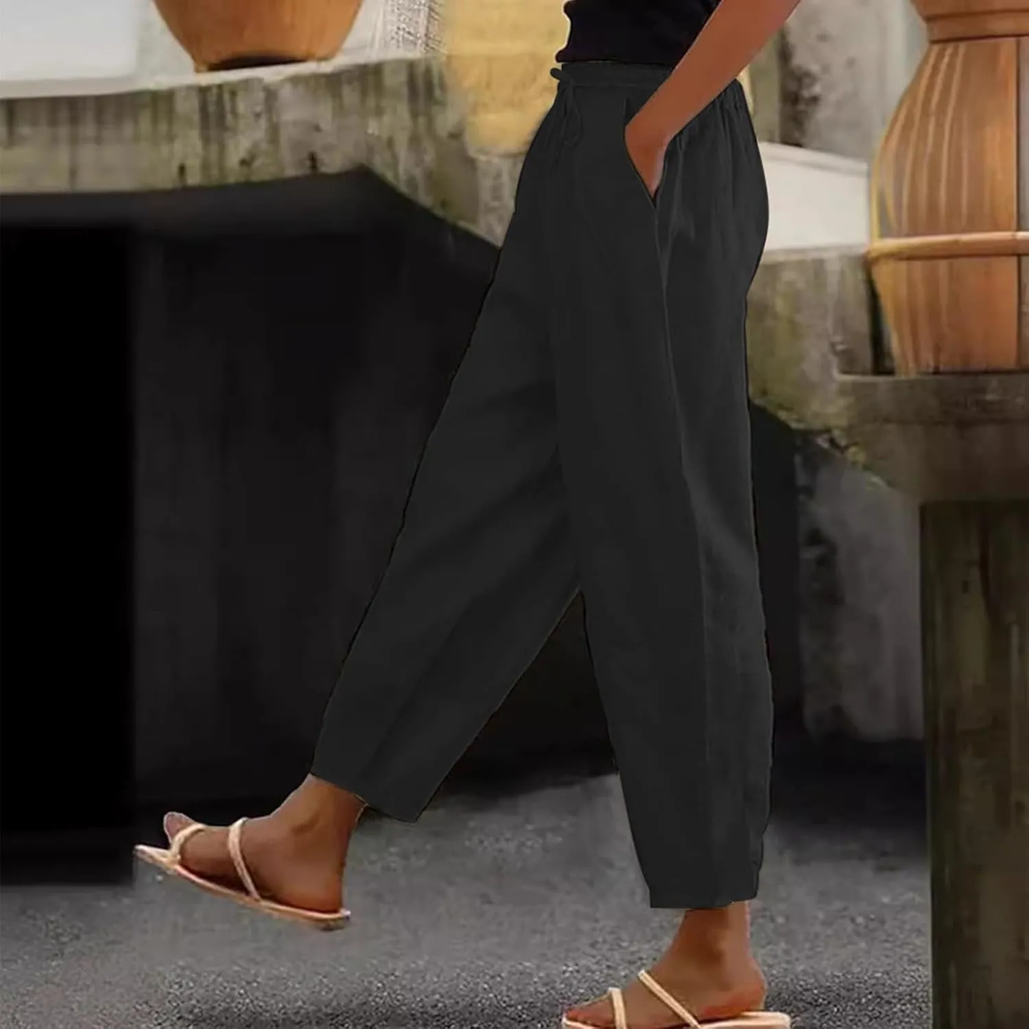 Women's Fashion Elastic Lightweight Breathable Lace Trim Vintage Casual Dressy Loose Fit Pants