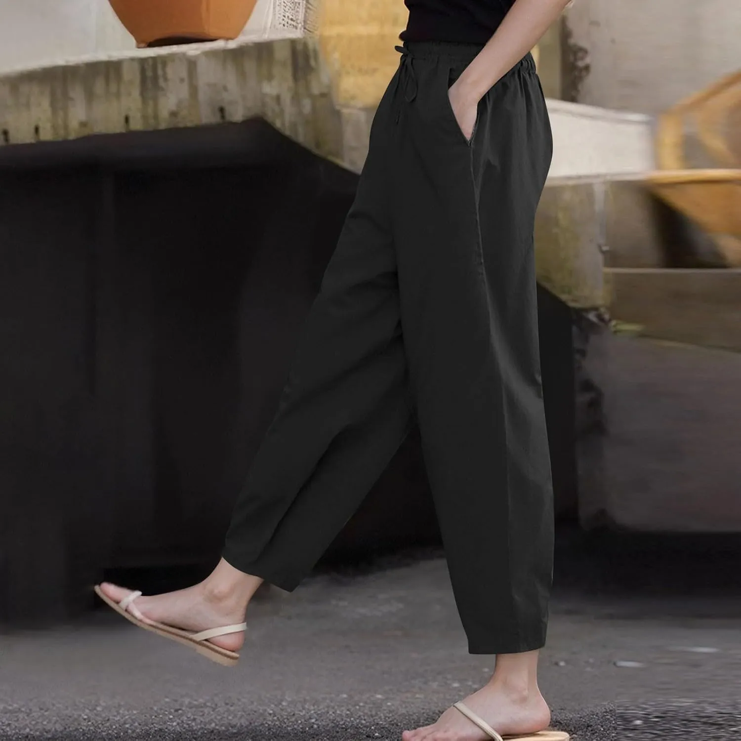 Women's Fashion Elastic Lightweight Breathable Lace Trim Vintage Casual Dressy Loose Fit Pants