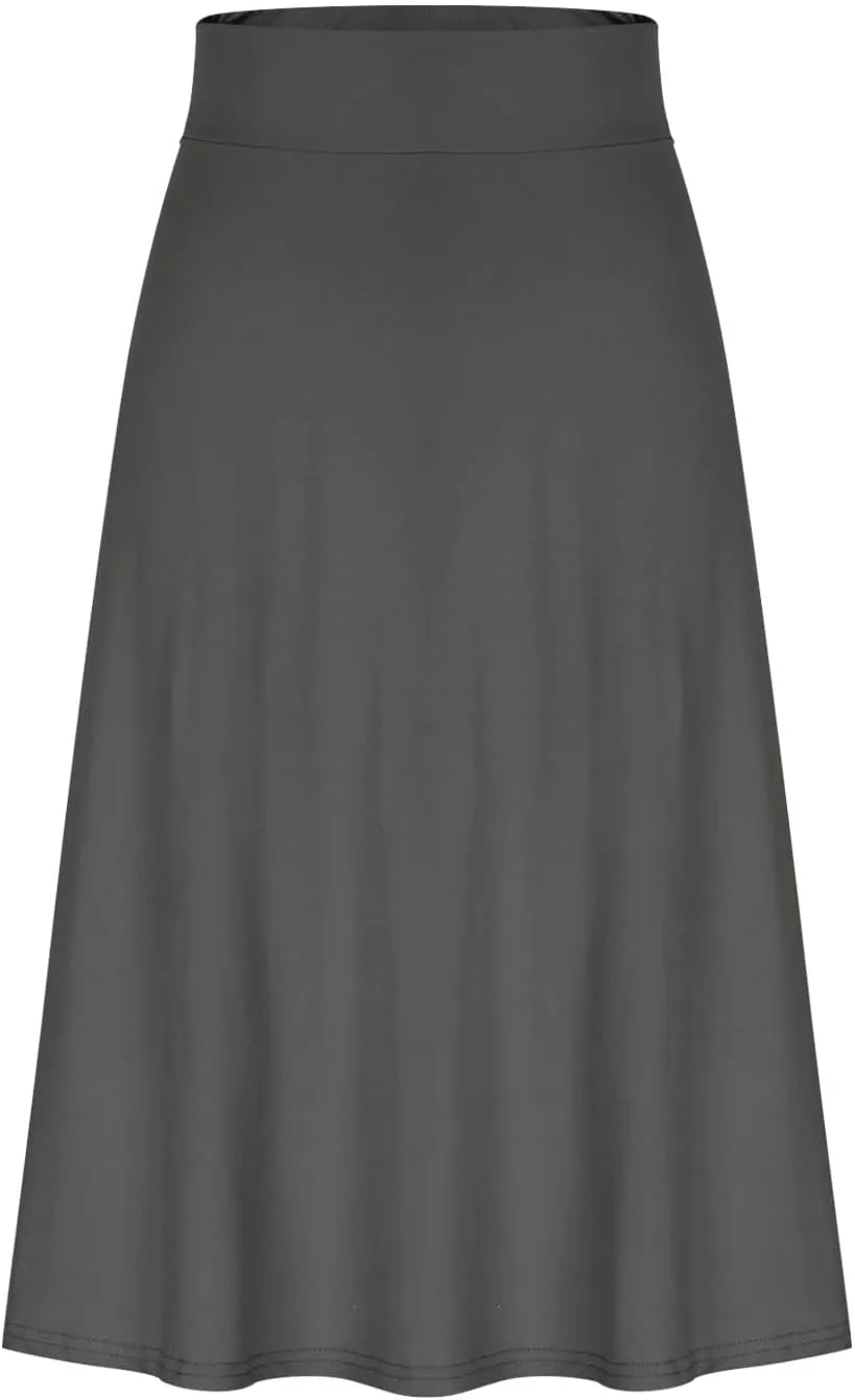 Women's Knee Length Casual Skirts Flared Elastic High Waisted Midi Pleated Flowy A-Line Summer Skirts Solid Color Skirt