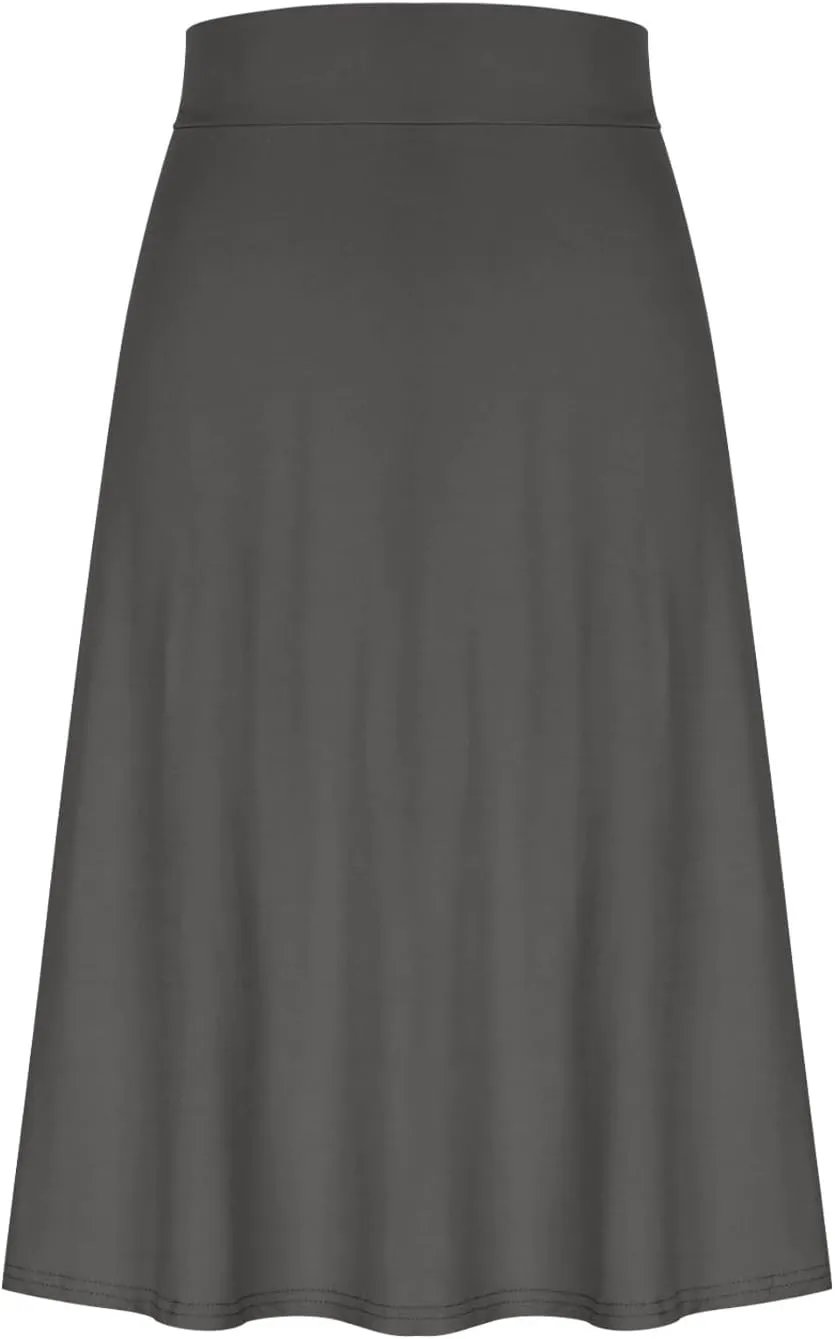 Women's Knee Length Casual Skirts Flared Elastic High Waisted Midi Pleated Flowy A-Line Summer Skirts Solid Color Skirt