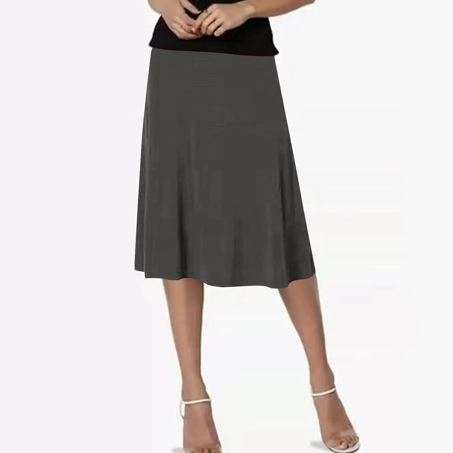 Women's Knee Length Casual Skirts Flared Elastic High Waisted Midi Pleated Flowy A-Line Summer Skirts Solid Color Skirt