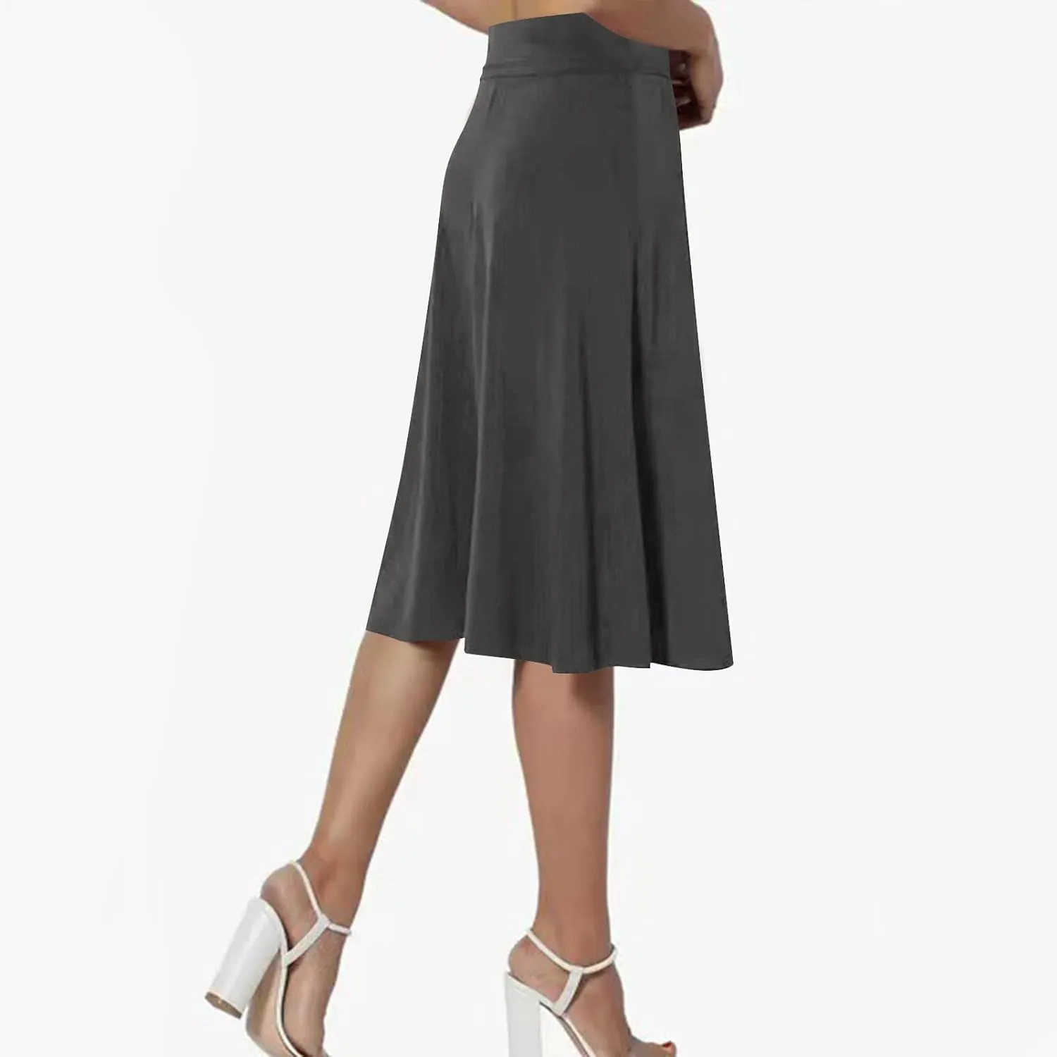 Women's Knee Length Casual Skirts Flared Elastic High Waisted Midi Pleated Flowy A-Line Summer Skirts Solid Color Skirt
